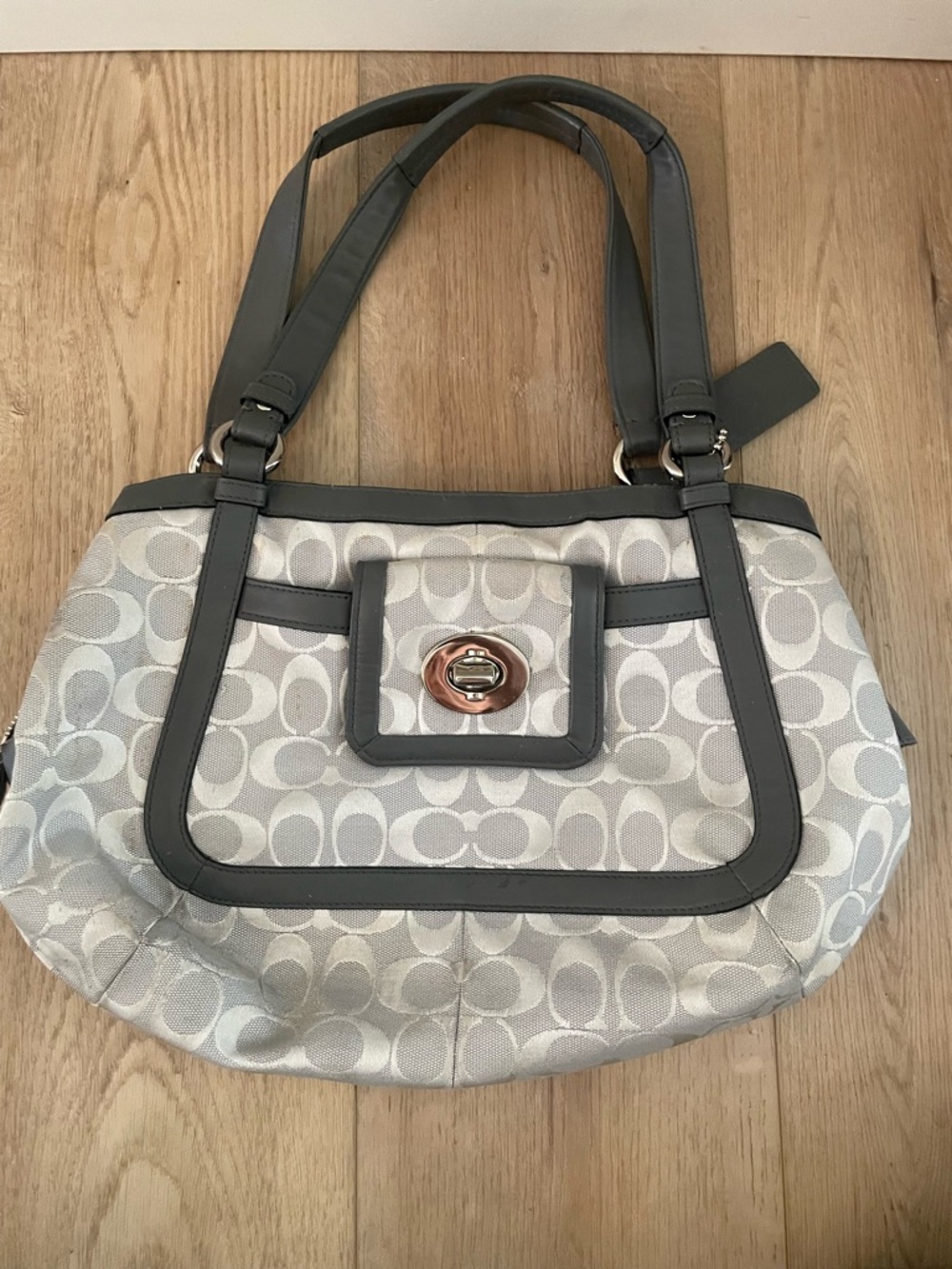 Coach Silver-Gray Signature Canvas Shoulder Bag with Turn-Lock